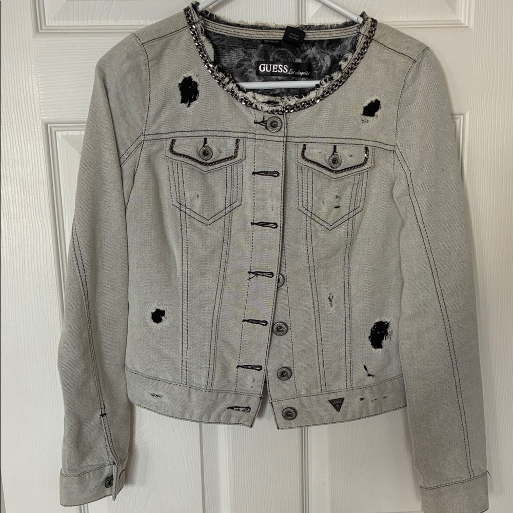 GUESS Women's Distressed Gray Jean Jacket
